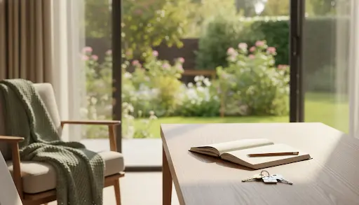 Modern home interior with keys and notebook on a wooden table