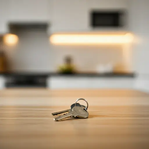 House keys on a wooden table in a bright modern kitchen