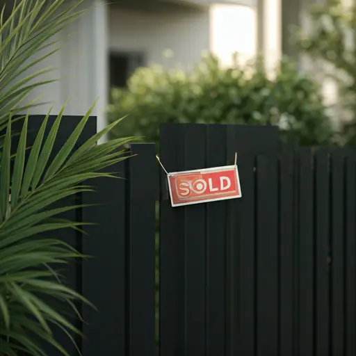 Sold sign on a modern property fence with green foliage